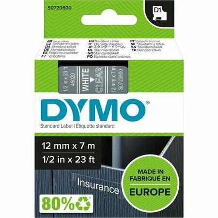 DYMO Label Tape, f/DYMO Labelmakers, 1/2inx23ft , White/Clear DYMS0720600